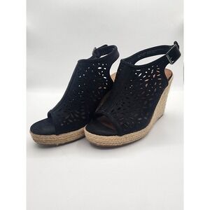 Madeline Girl Black Laser Cut Espadrille Wedge Sandals Size 7M